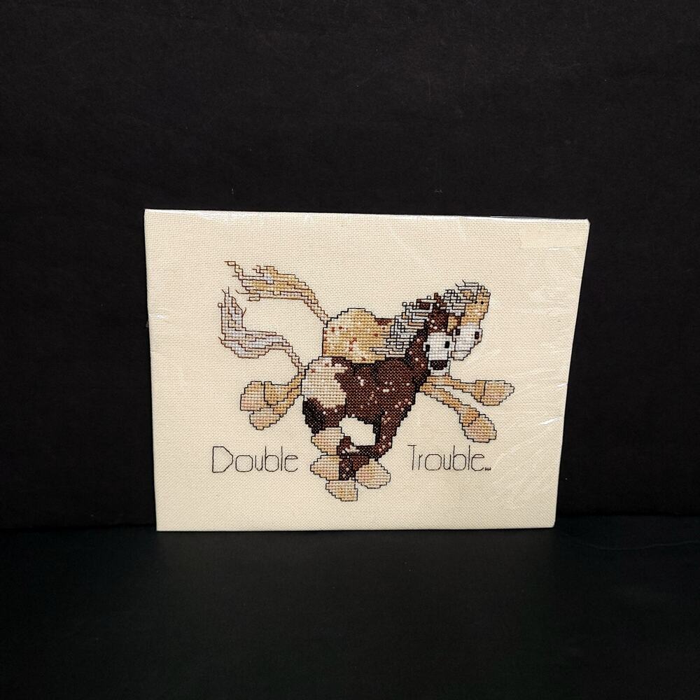 Handmade Completed Cross Stitch Double Trouble Horses Equestrian Needlework Art